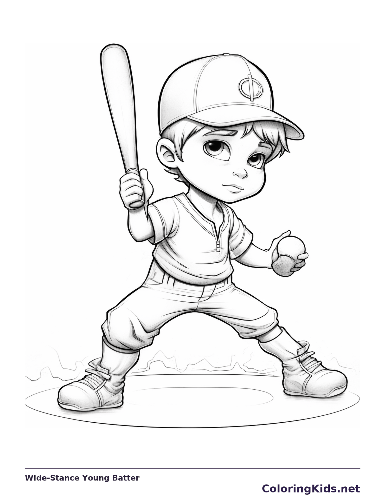 Black and white printable wide-stance young batter coloring sheet