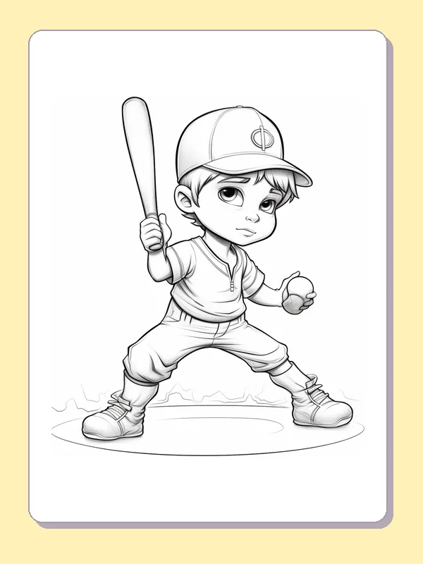 Black and white printable wide-stance young batter coloring sheet