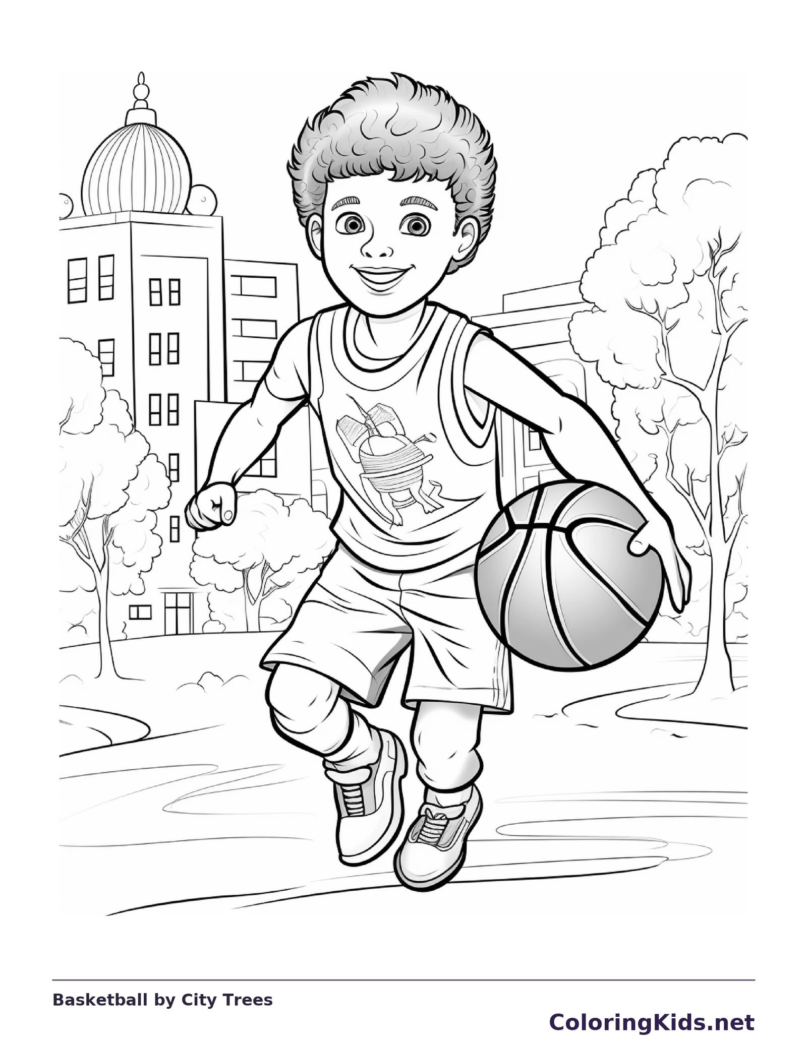 Black and white printable basketball by city trees coloring sheet