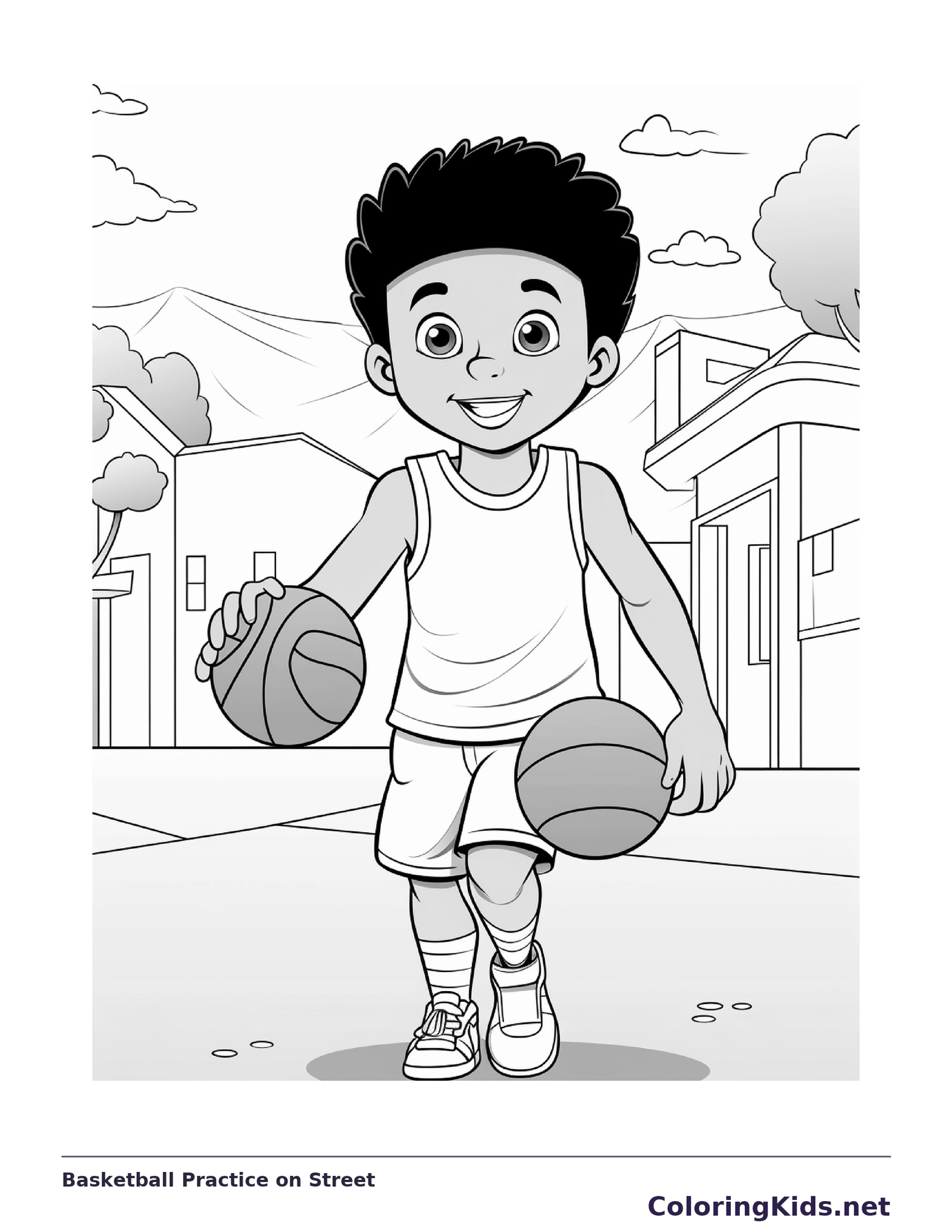 Black and white printable basketball practice on street coloring sheet