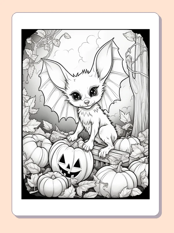 Bat Among Autumn Pumpkins coloring page, black and white printable line art