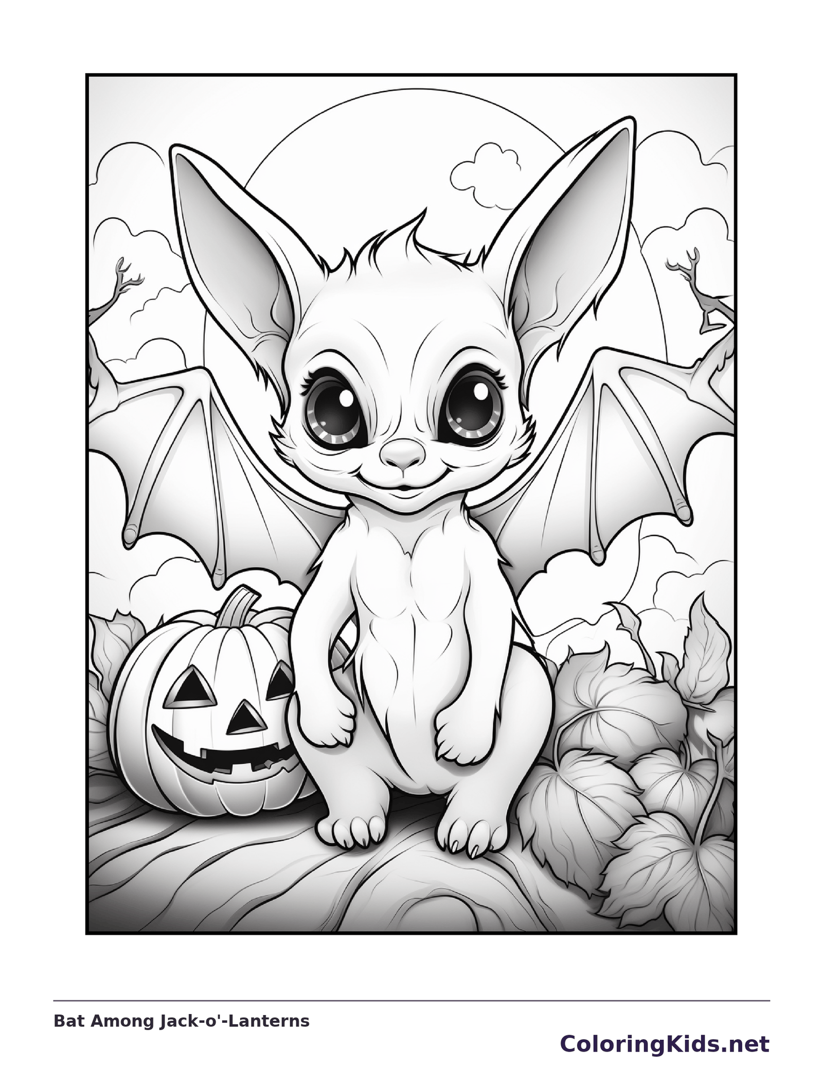 Bat Among Jack-o'-Lanterns coloring page, black and white printable line art