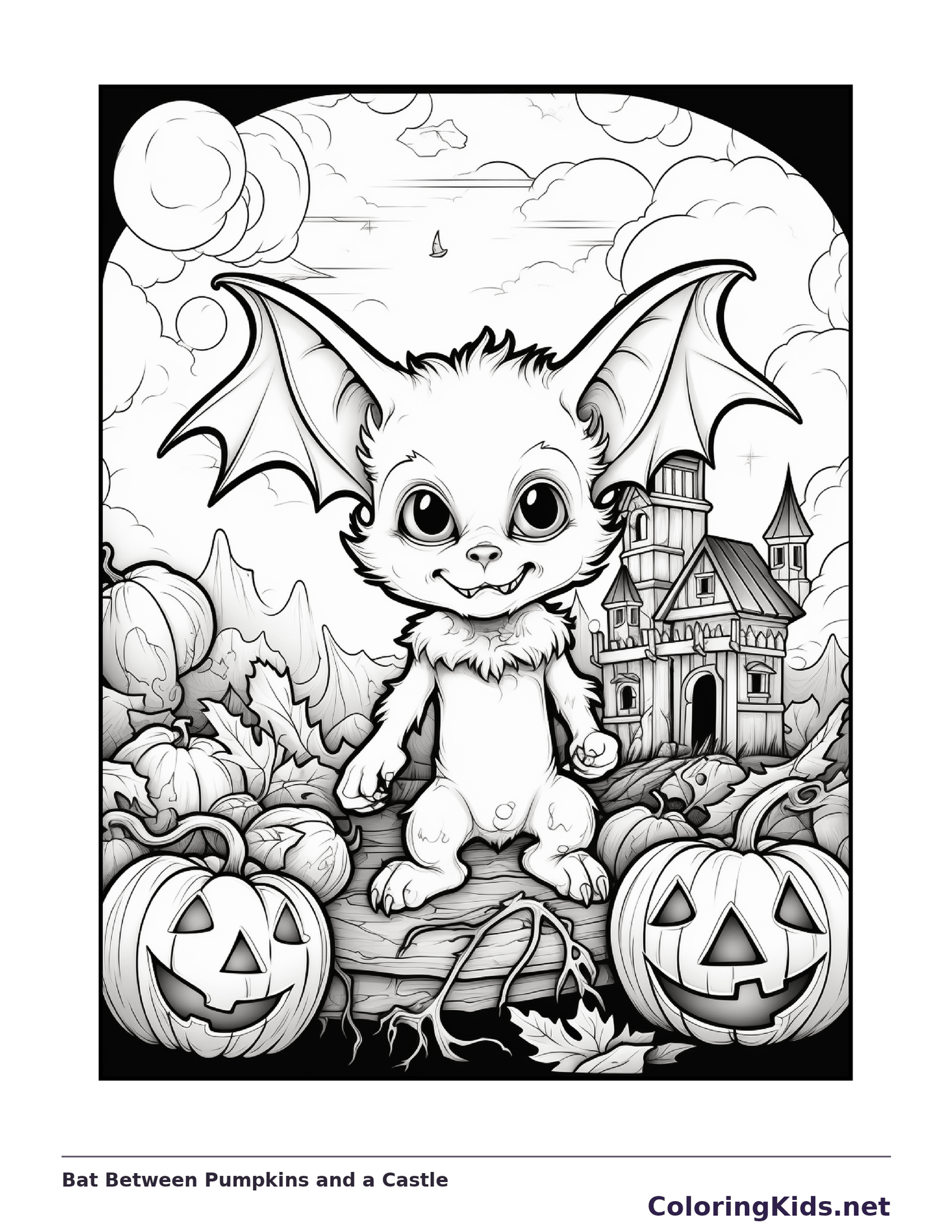 Bat Between Pumpkins and a Castle coloring page, black and white printable line art