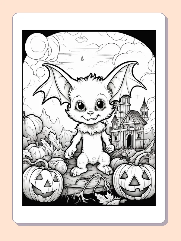 Bat Between Pumpkins and a Castle coloring page, black and white printable line art