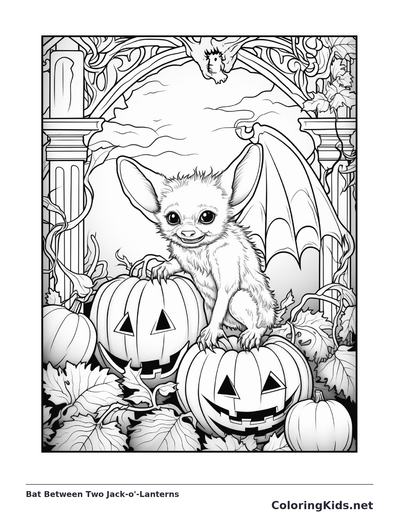 Bat Between Two Jack-o'-Lanterns coloring page, black and white printable line art