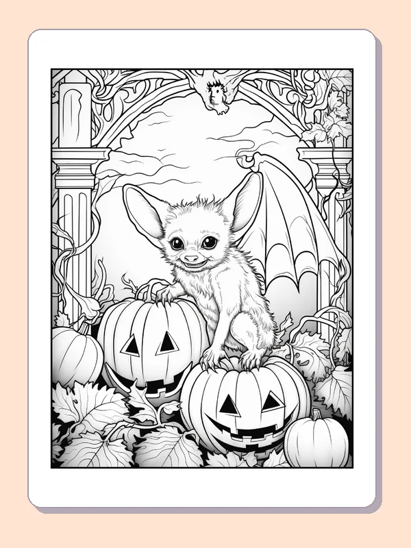 Bat Between Two Jack-o'-Lanterns coloring page, black and white printable line art