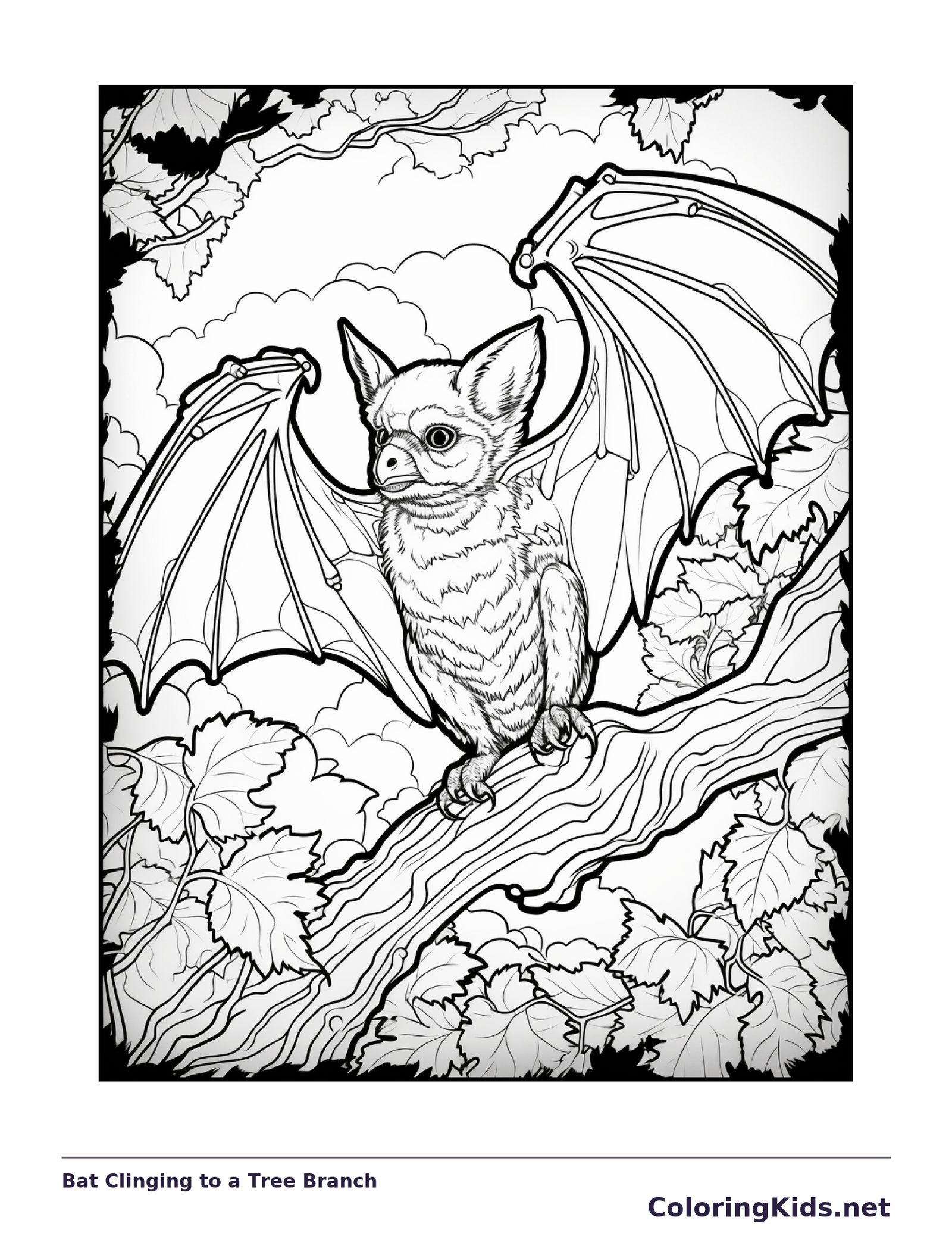 Bat Clinging to a Tree Branch coloring page, black and white printable line art