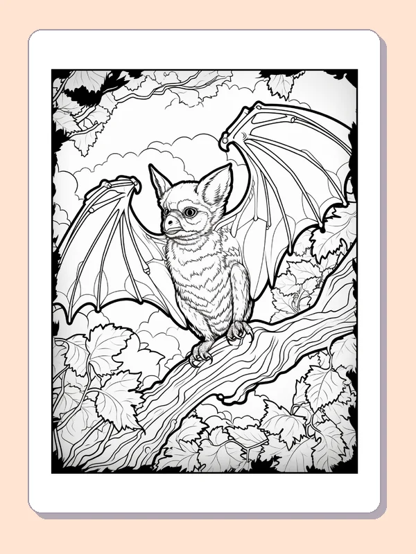 Bat Clinging to a Tree Branch coloring page, black and white printable line art