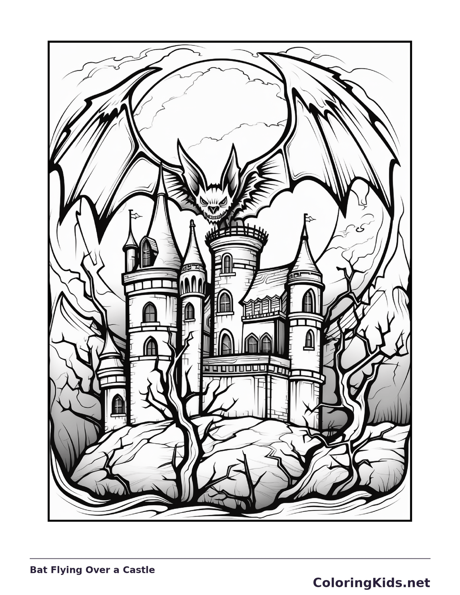 Bat Flying Over a Castle coloring page | ColoringKids.net