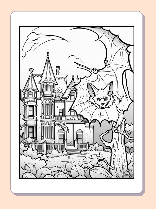 Bat Flying Past a Haunted House coloring page, black and white printable line art