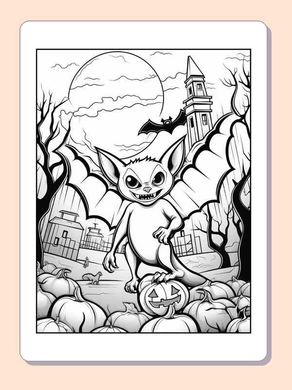 Bat in a Moonlit Pumpkin Patch coloring page, black and white printable line art