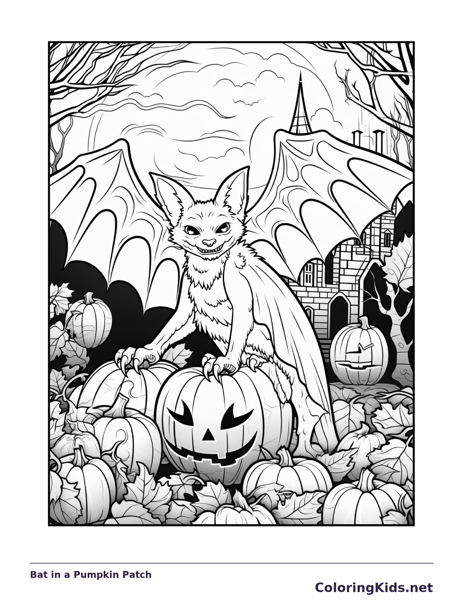 Color Book Bat Bat in a Pumpkin Patch coloring page | ColoringKids.net