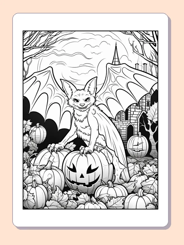 Bat in a Pumpkin Patch coloring page, black and white printable line art