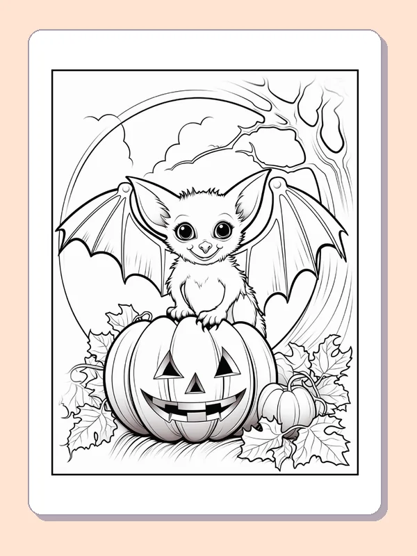 Bat on a Carved Pumpkin coloring page, black and white printable line art