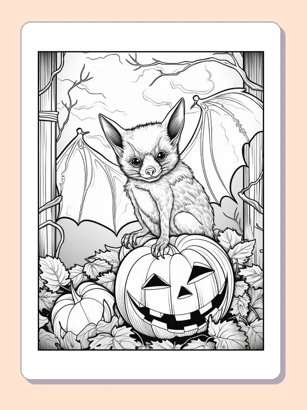 Bat on a Pumpkin Beneath Bare Trees coloring page, black and white printable line art