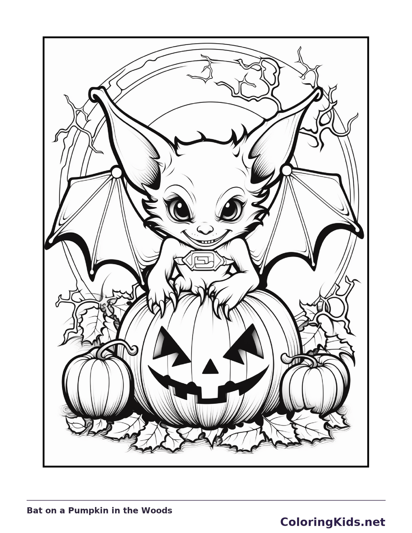 Bat on a Pumpkin in the Woods coloring page, black and white printable line art