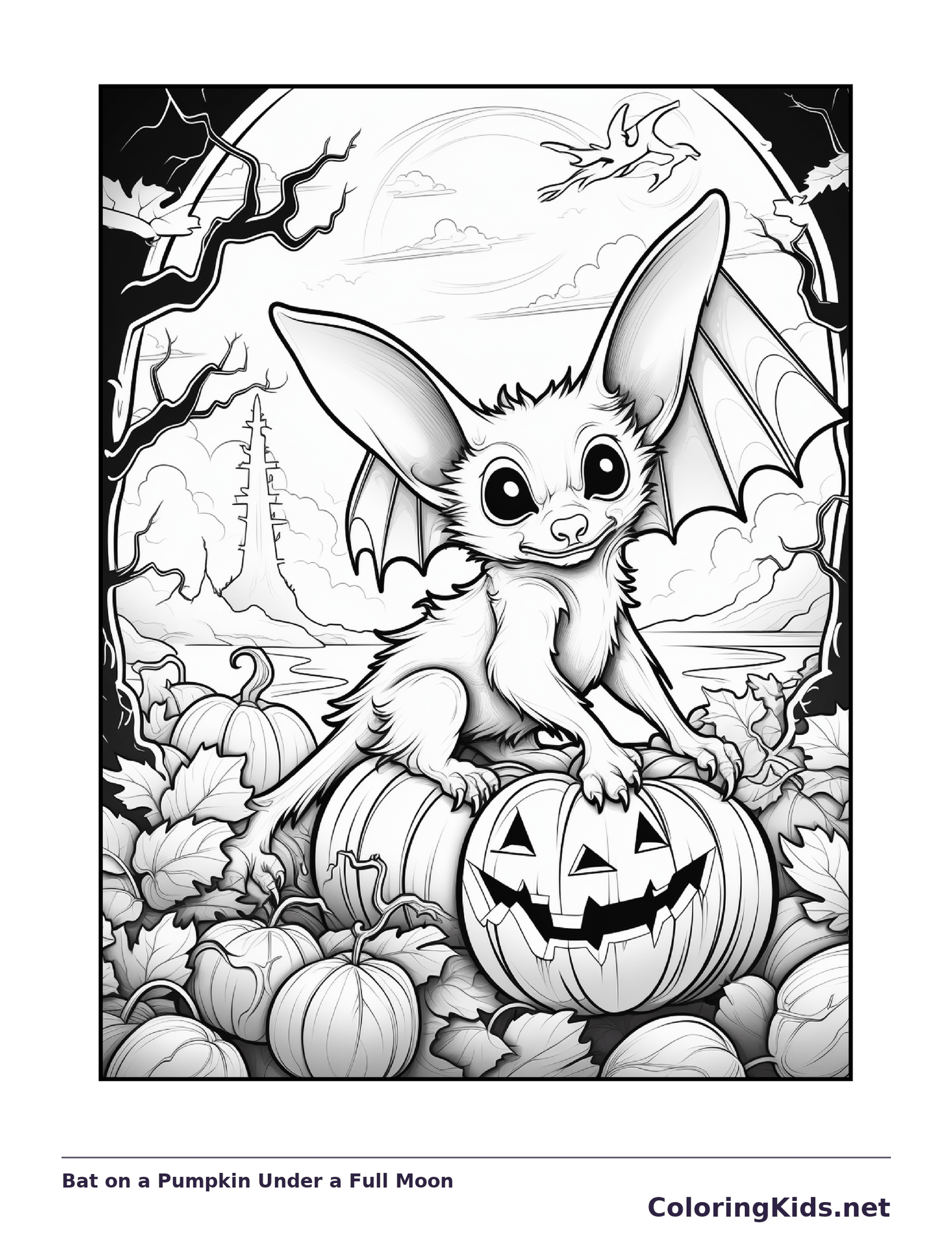 Bat on a Pumpkin Under a Full Moon coloring page, black and white printable line art