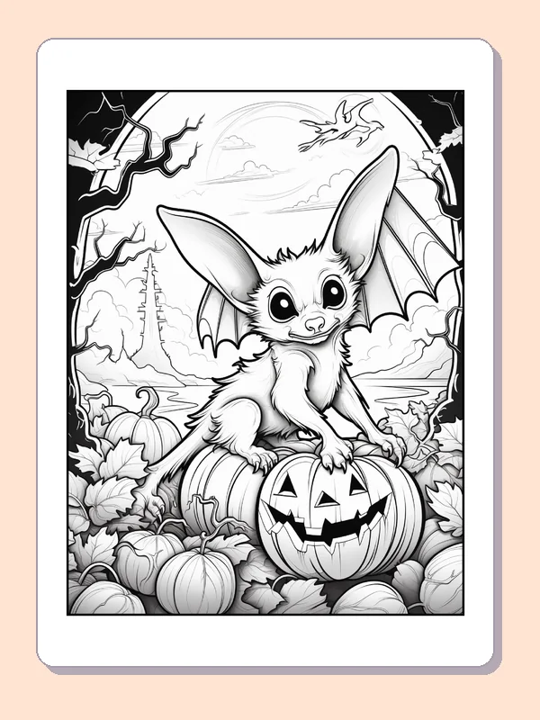Bat on a Pumpkin Under a Full Moon coloring page, black and white printable line art