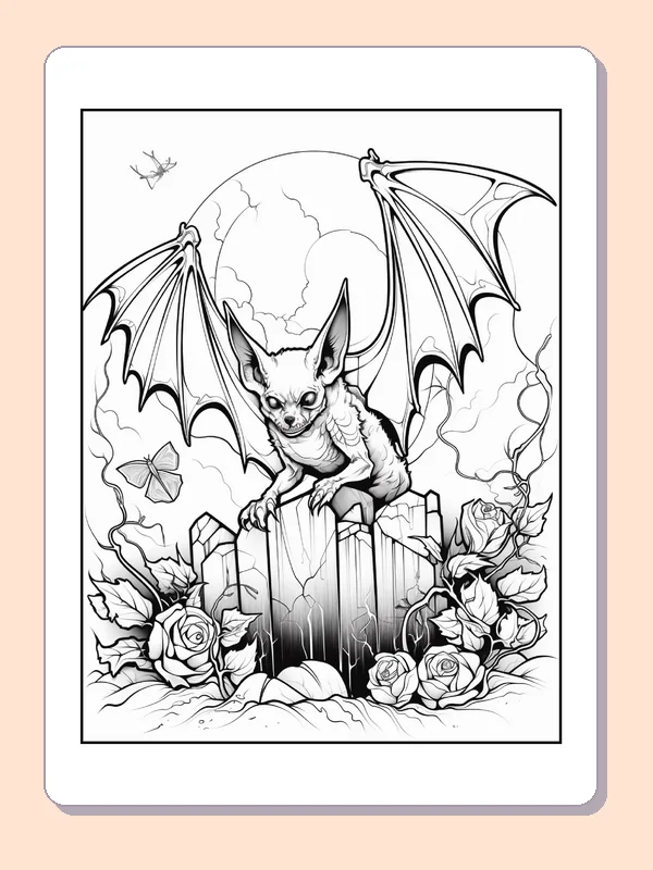 Bat on a Stump Surrounded by Roses coloring page, black and white printable line art