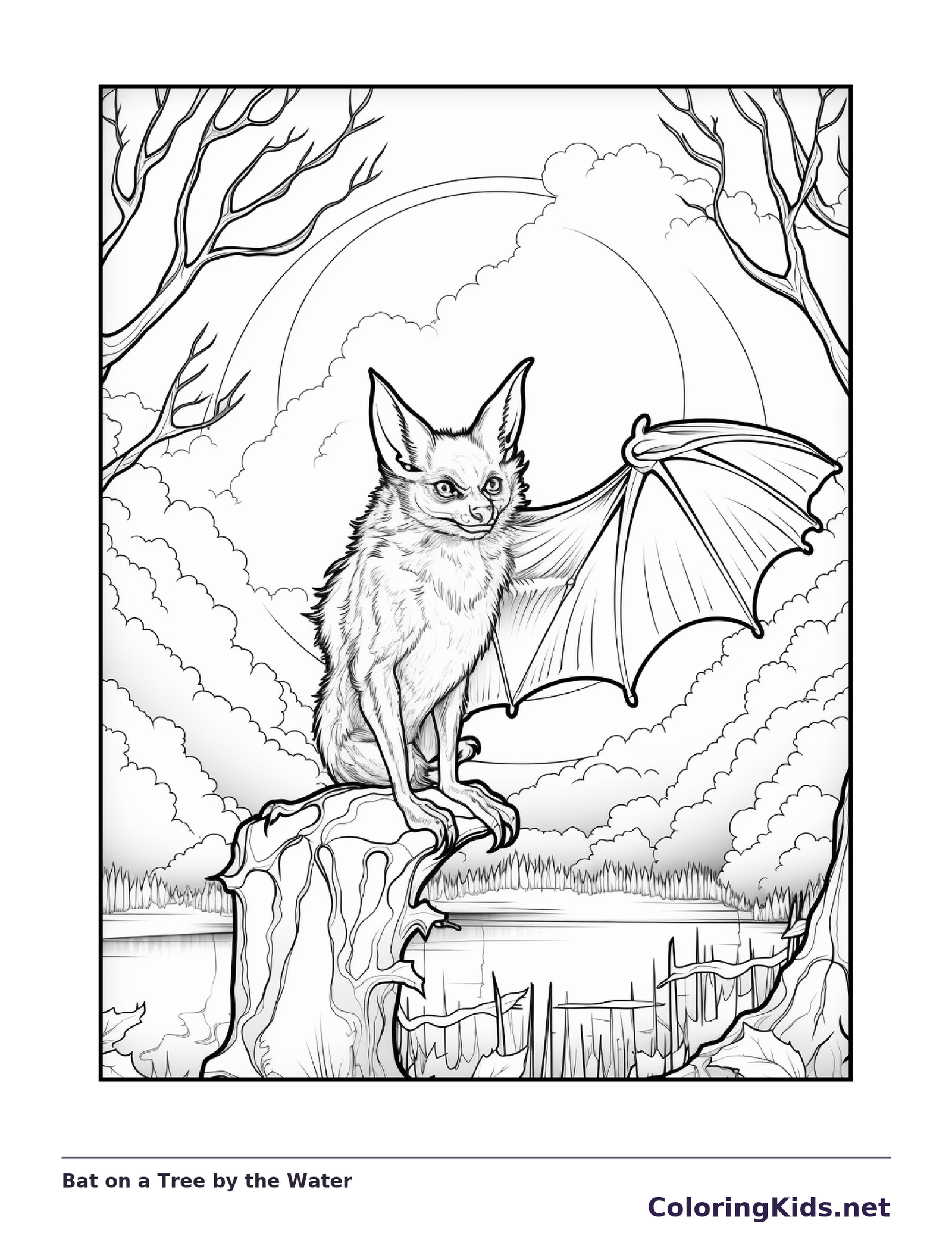 Color Book Bat Bat on a Tree by the Water coloring page | ColoringKids.net