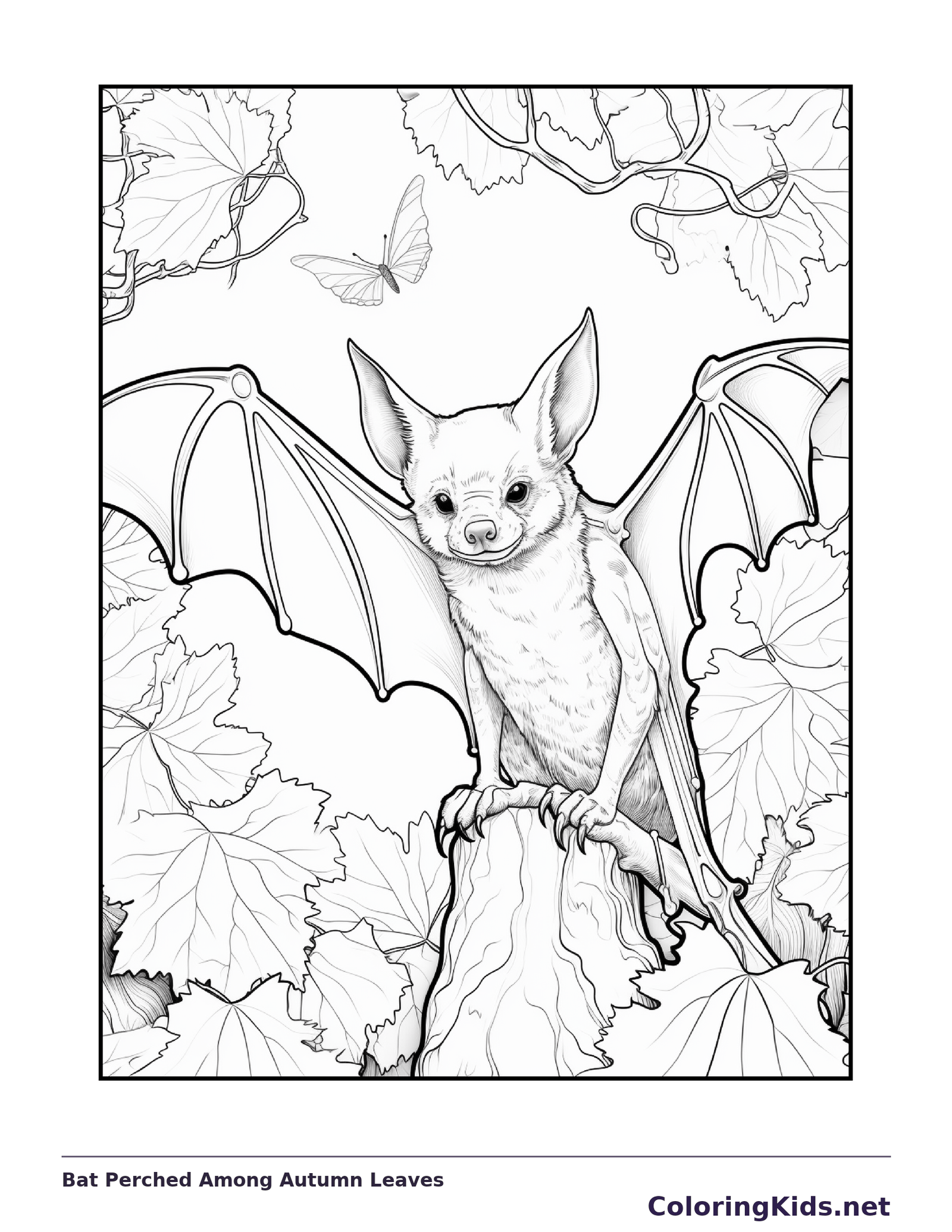 Bat Perched Among Autumn Leaves coloring page, black and white printable line art