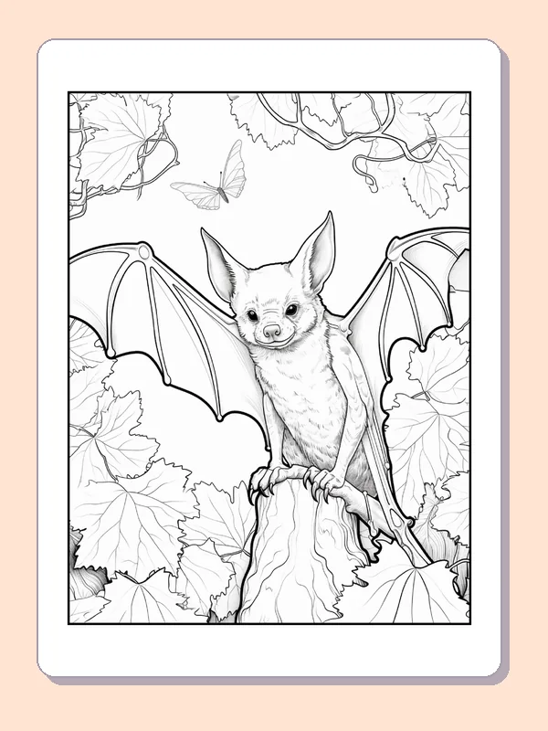 Bat Perched Among Autumn Leaves coloring page, black and white printable line art