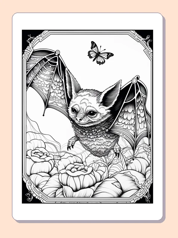 Bat Resting in a Woodland Frame coloring page, black and white printable line art