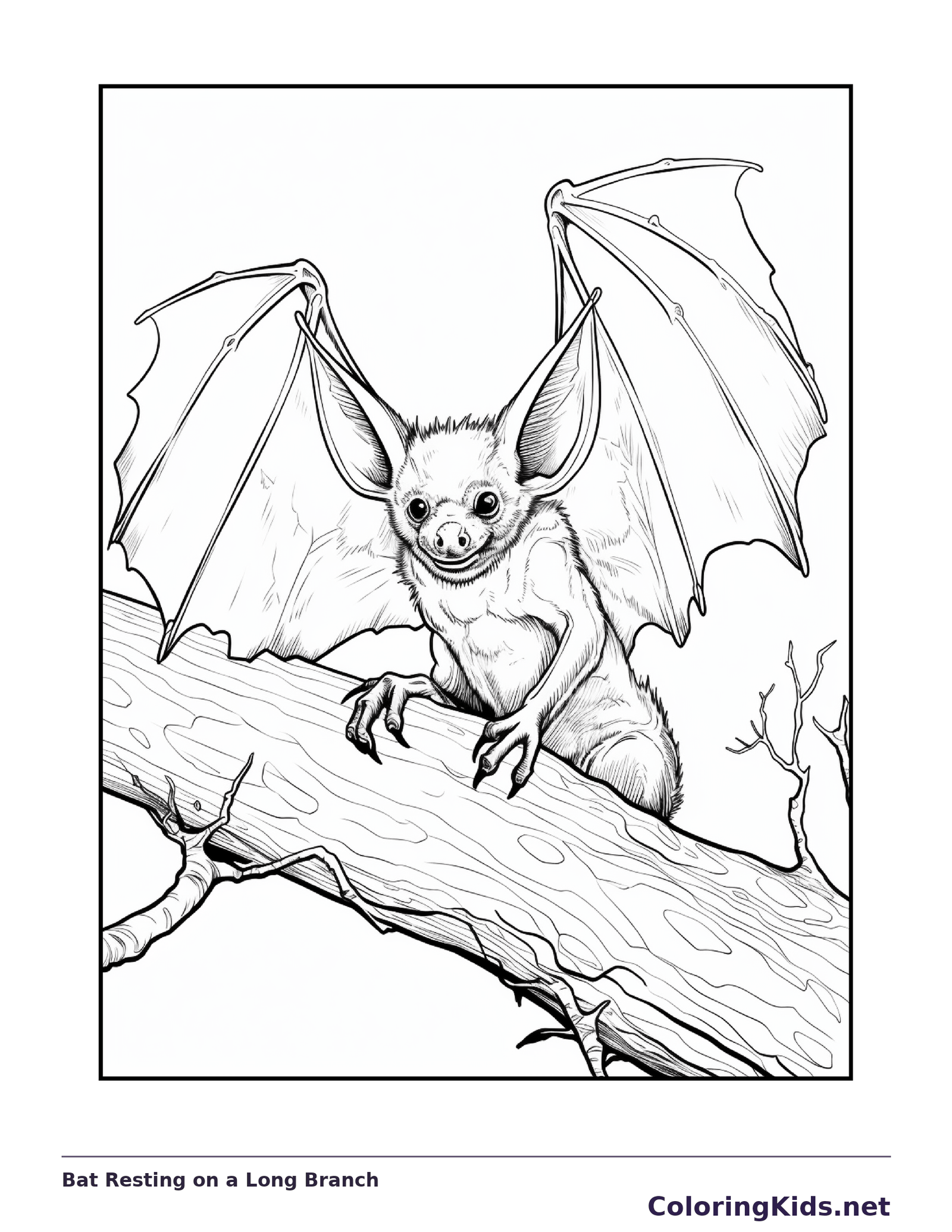 Bat Resting on a Long Branch coloring page, black and white printable line art