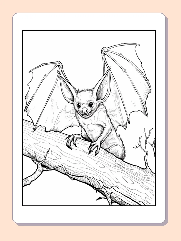 Bat Resting on a Long Branch coloring page, black and white printable line art