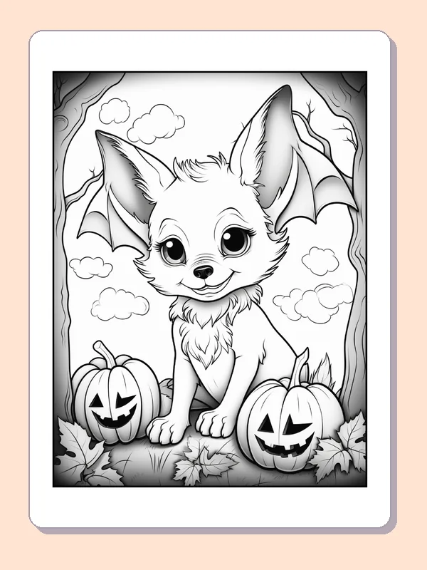 Bat Sitting Between Pumpkins coloring page, black and white printable line art