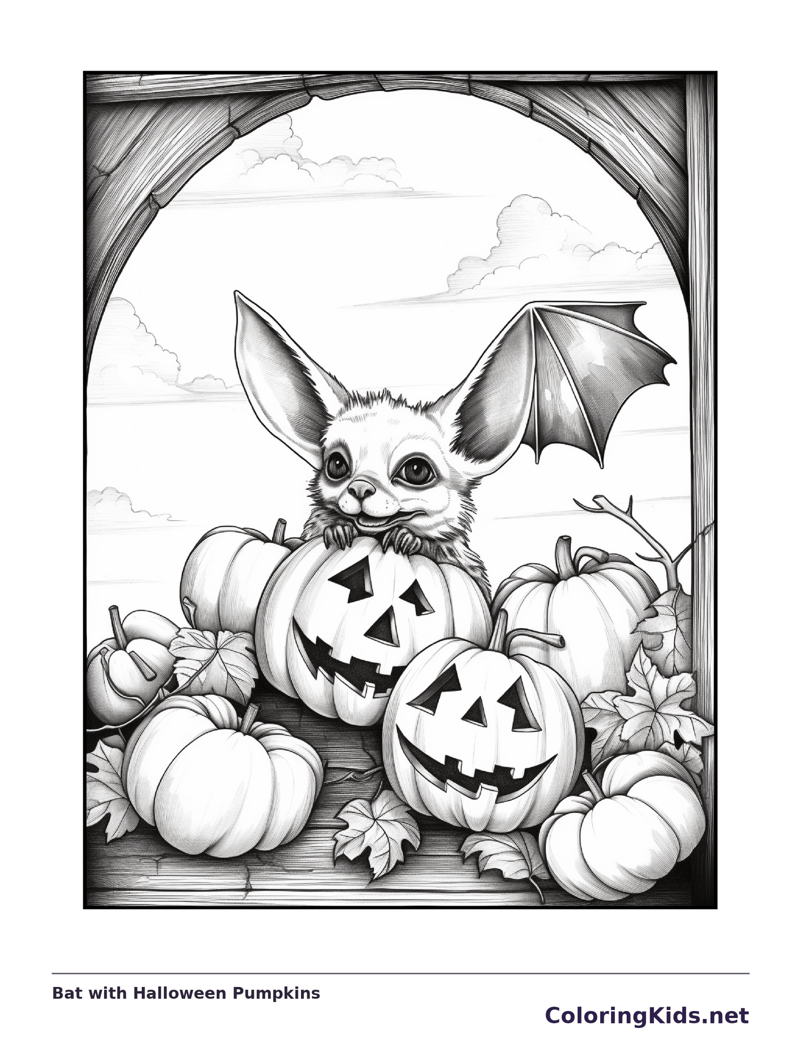 Color Book Bat Bat with Halloween Pumpkins coloring page | ColoringKids.net