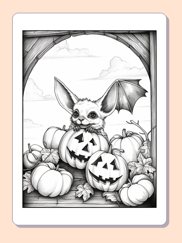 Bat with Halloween Pumpkins coloring page, black and white printable line art