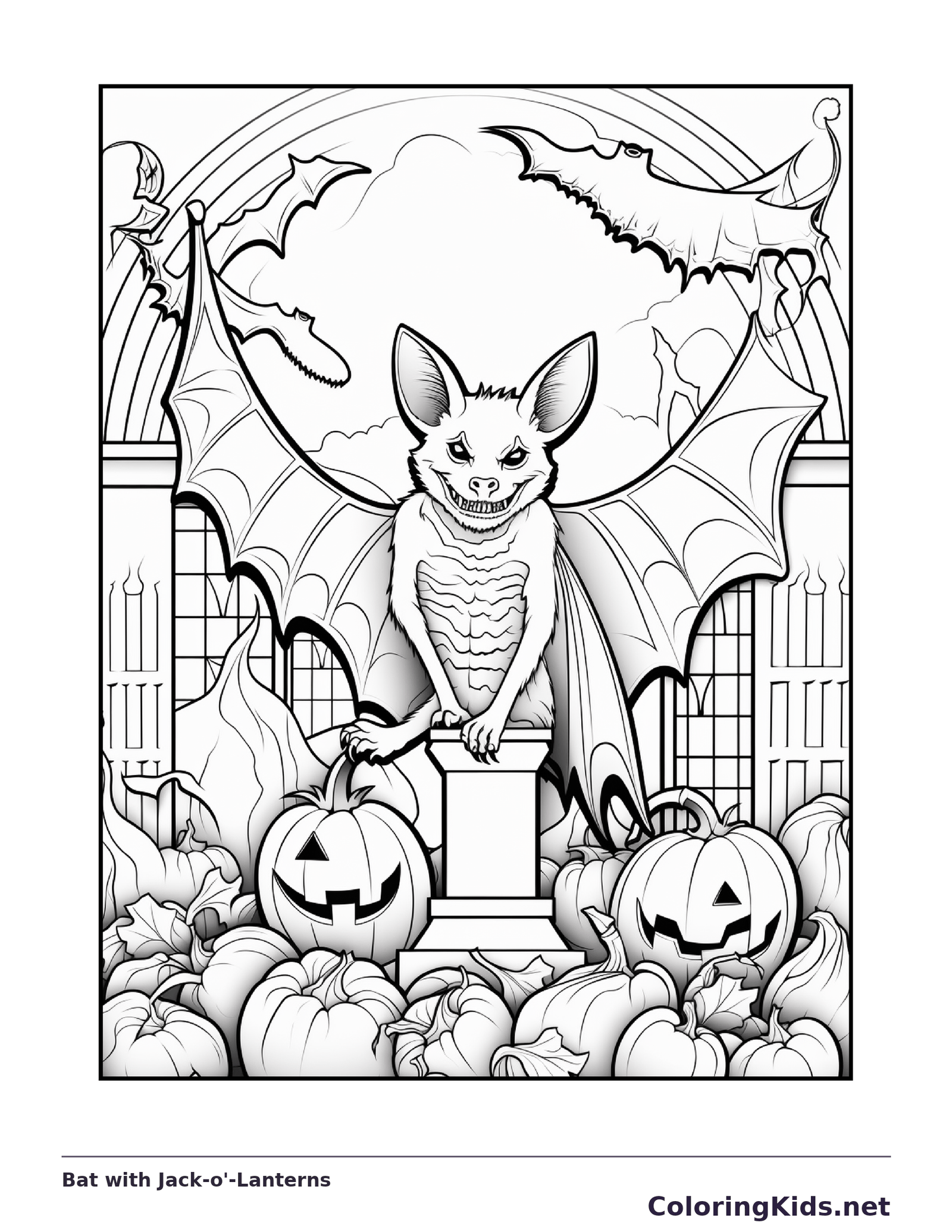 Color Book Bat Bat with Jack-o'-Lanterns coloring page | ColoringKids.net