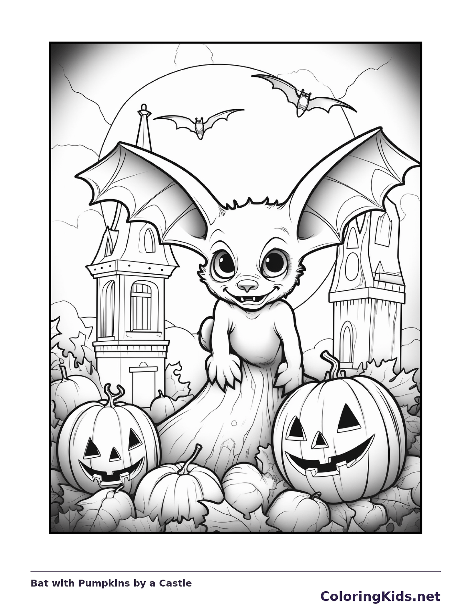 Bat with Pumpkins by a Castle coloring page, black and white printable line art