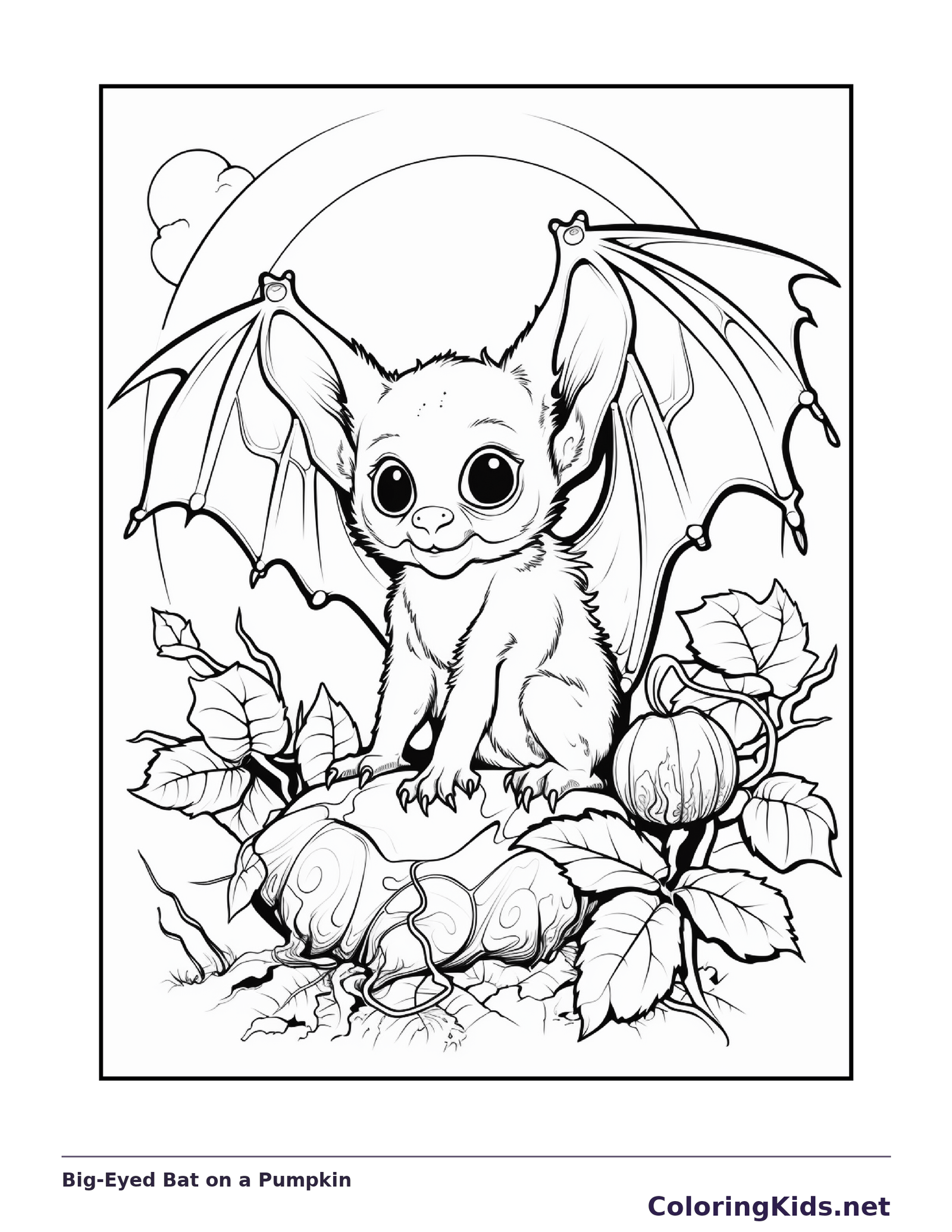 Big-Eyed Bat on a Pumpkin coloring page, black and white printable line art
