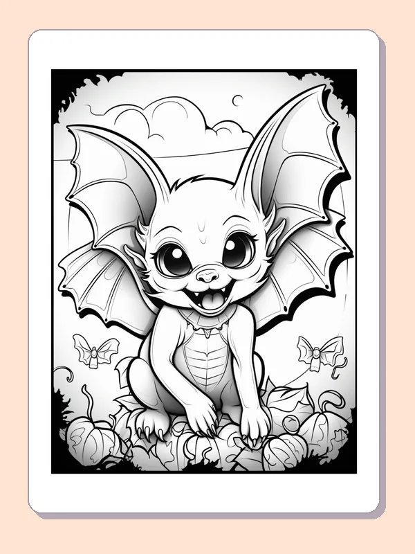 Big-Eyed Bat with Open Wings coloring page, black and white printable line art