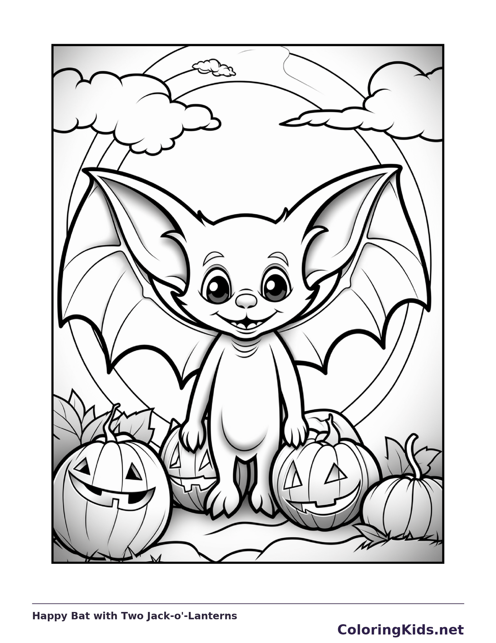 Color Book Bat Happy Bat with Two Jack-o'-Lanterns coloring page | ColoringKids.net