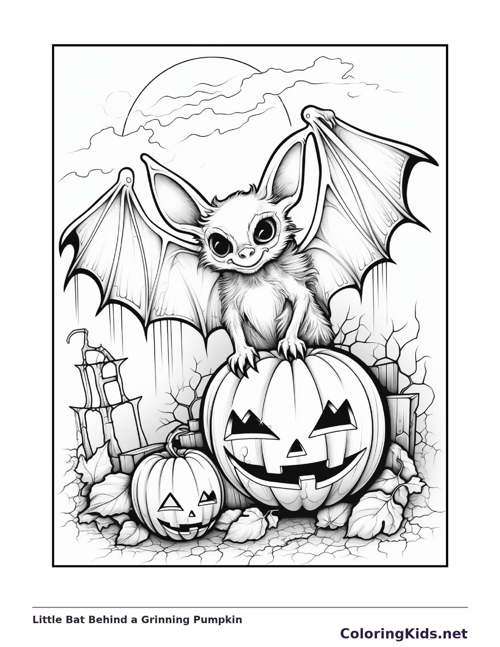 Little Bat Behind a Grinning Pumpkin coloring page | ColoringKids.net