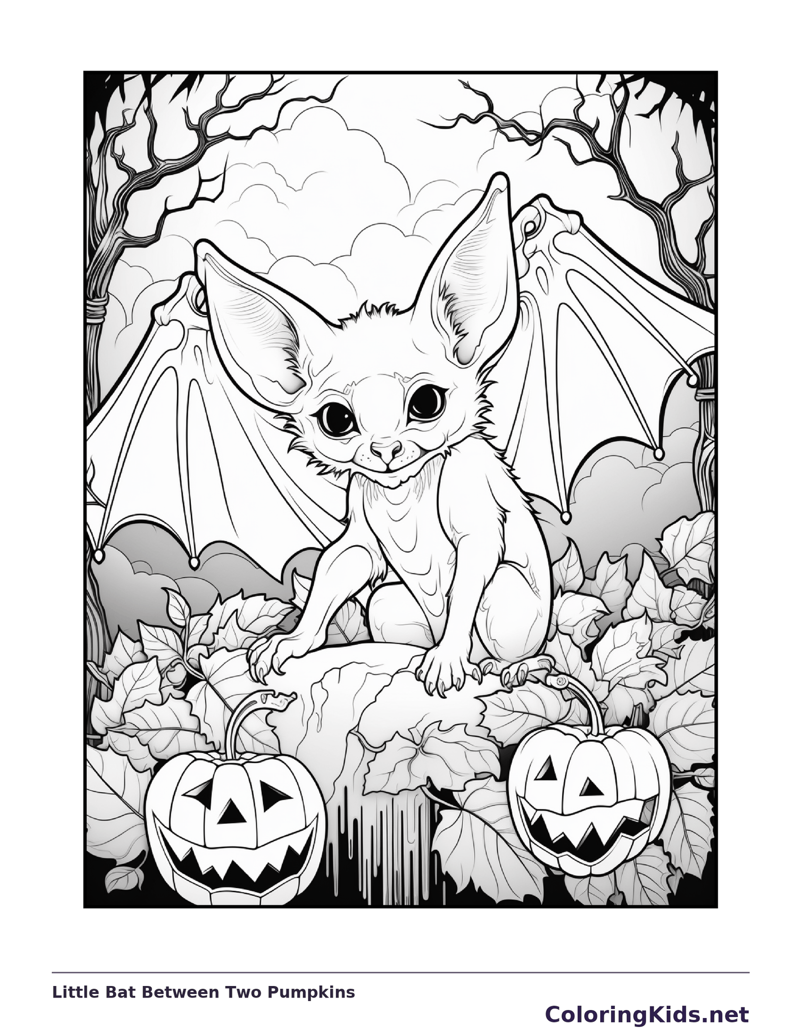 Little Bat Between Two Pumpkins coloring page, black and white printable line art