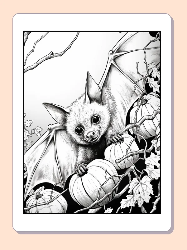 Little Bat Holding a Pumpkin coloring page, black and white printable line art