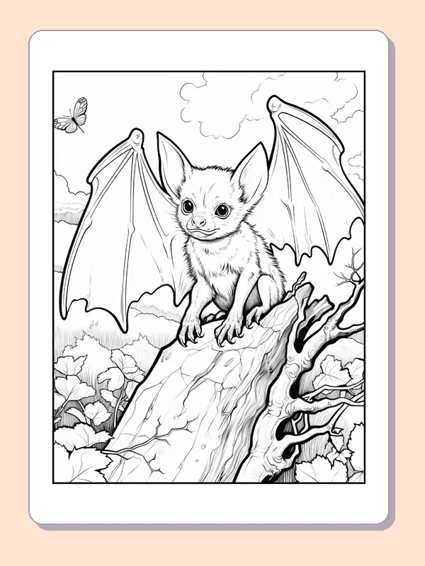 Little Bat on a Tree Stump coloring page, black and white printable line art