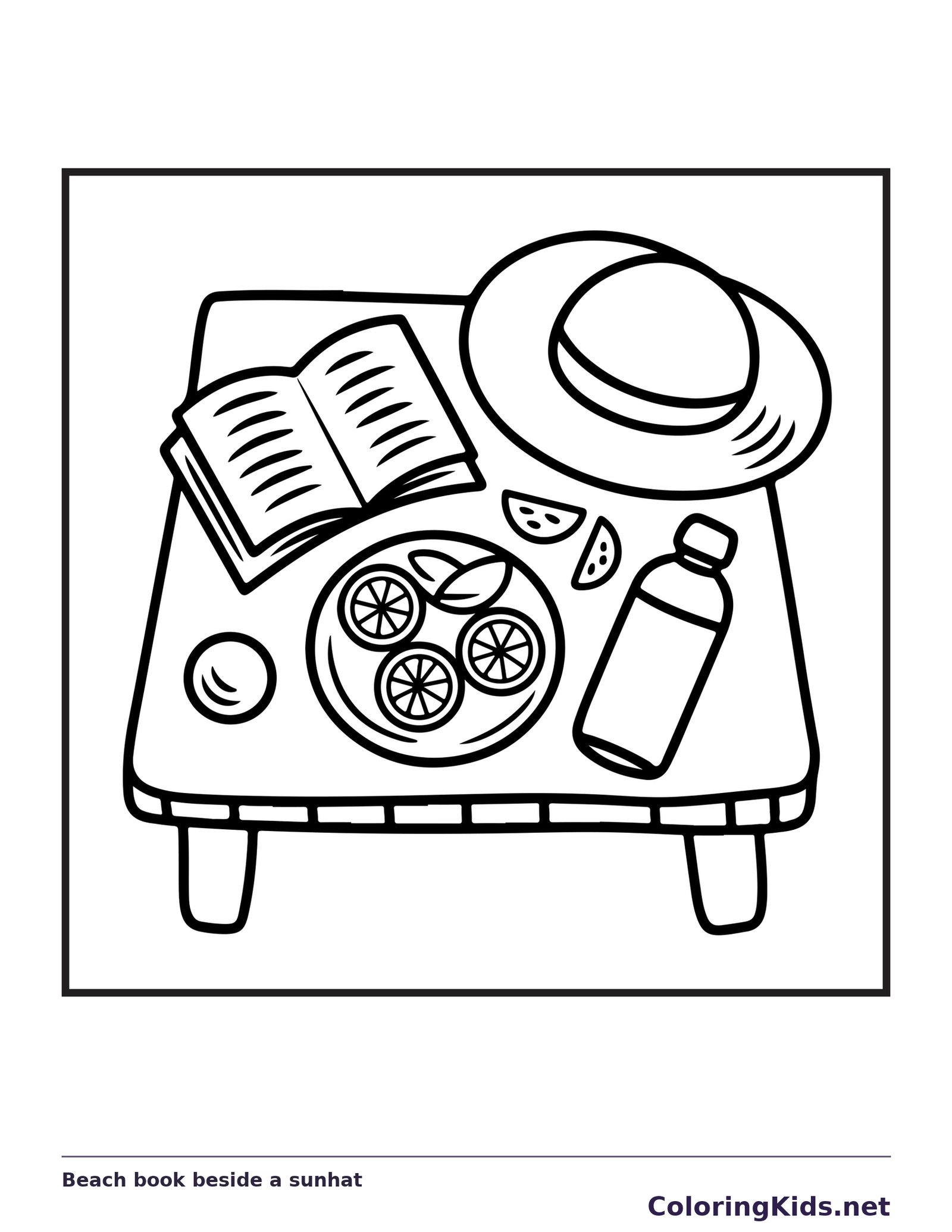 Black and white printable beach book beside a sunhat coloring sheet