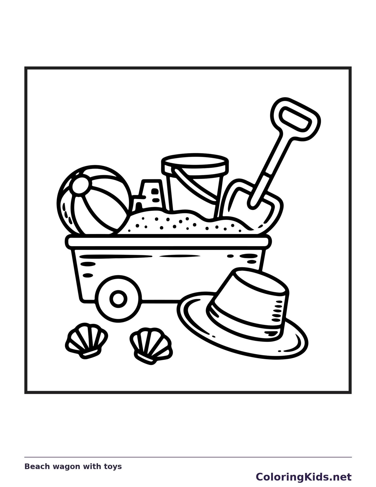 Black and white printable beach wagon with toys coloring sheet
