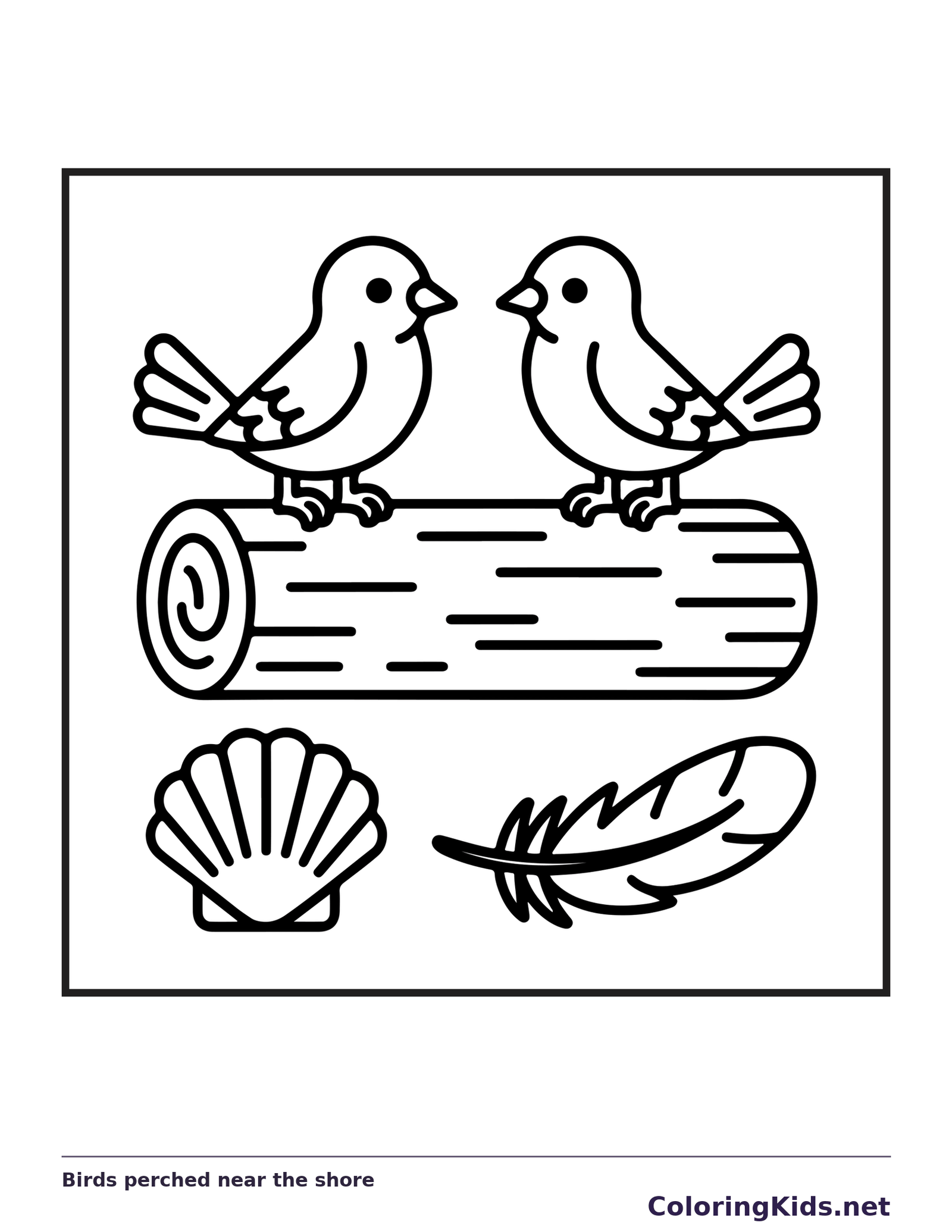 Black and white printable birds perched near the shore coloring sheet