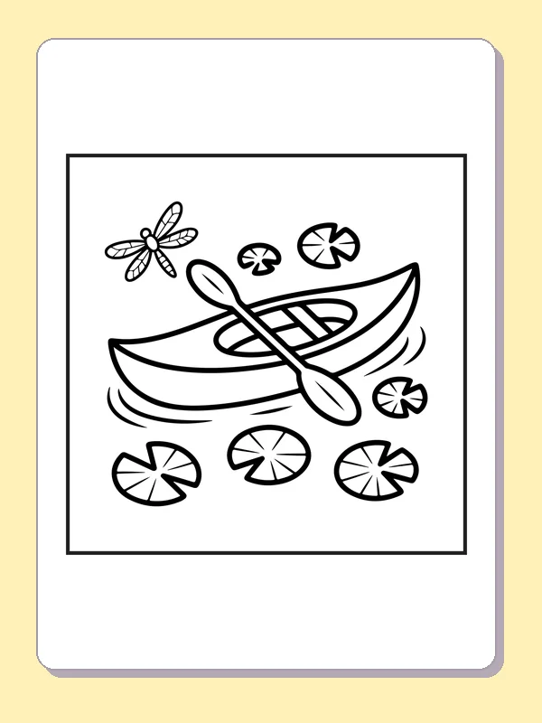 Black and white printable canoe among water lilies coloring sheet