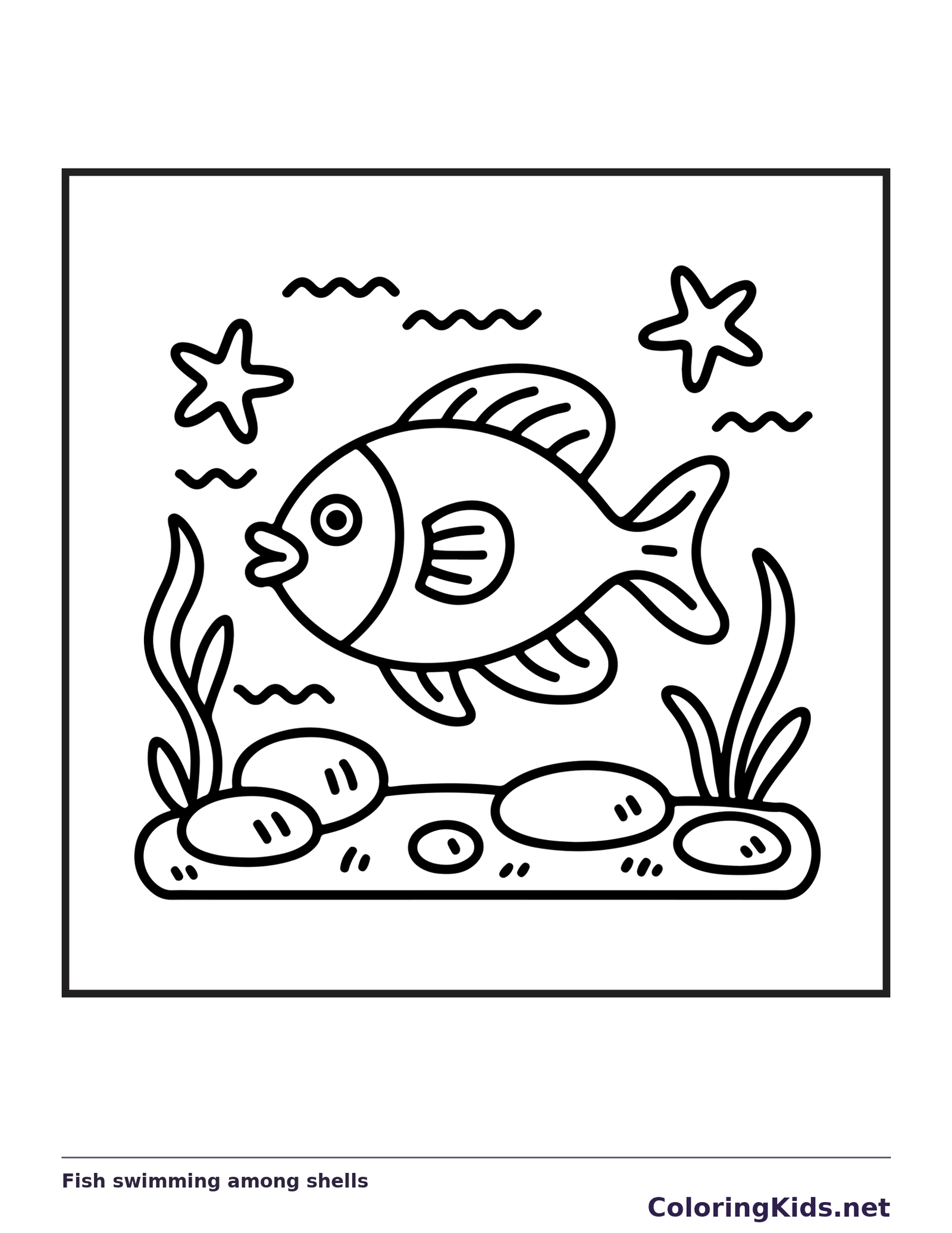 Black and white printable fish swimming among shells coloring sheet