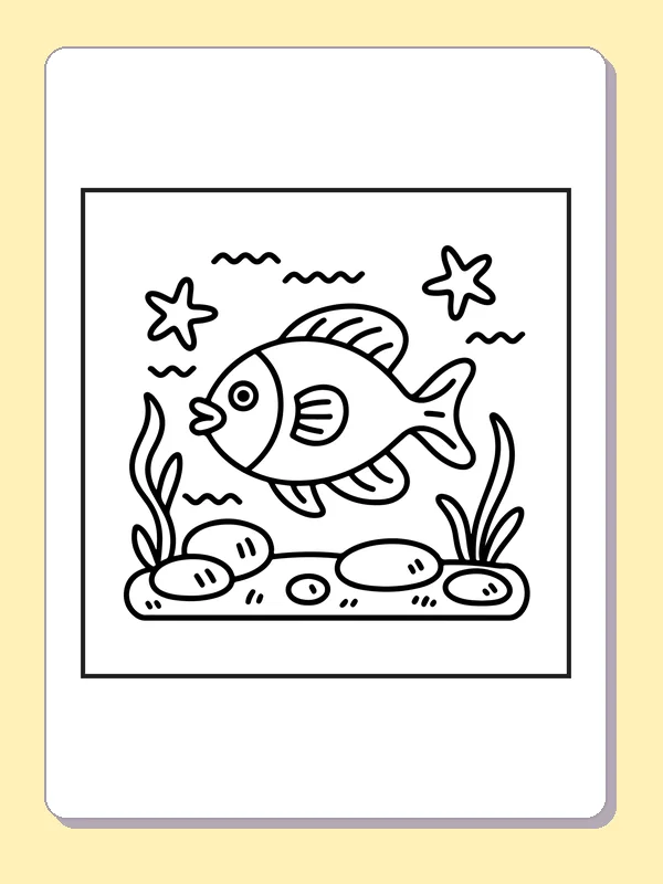 Black and white printable fish swimming among shells coloring sheet