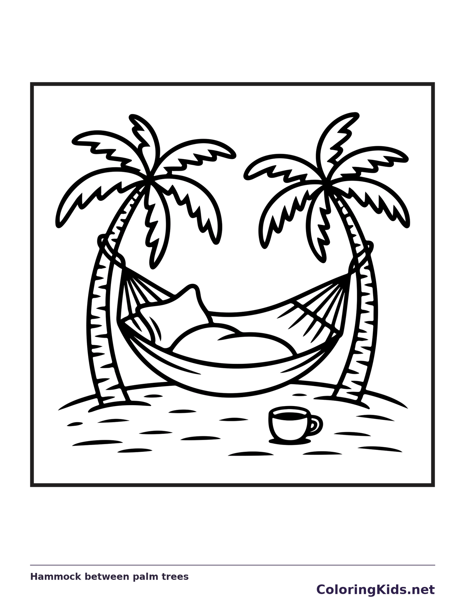 Black and white printable hammock between palm trees coloring sheet