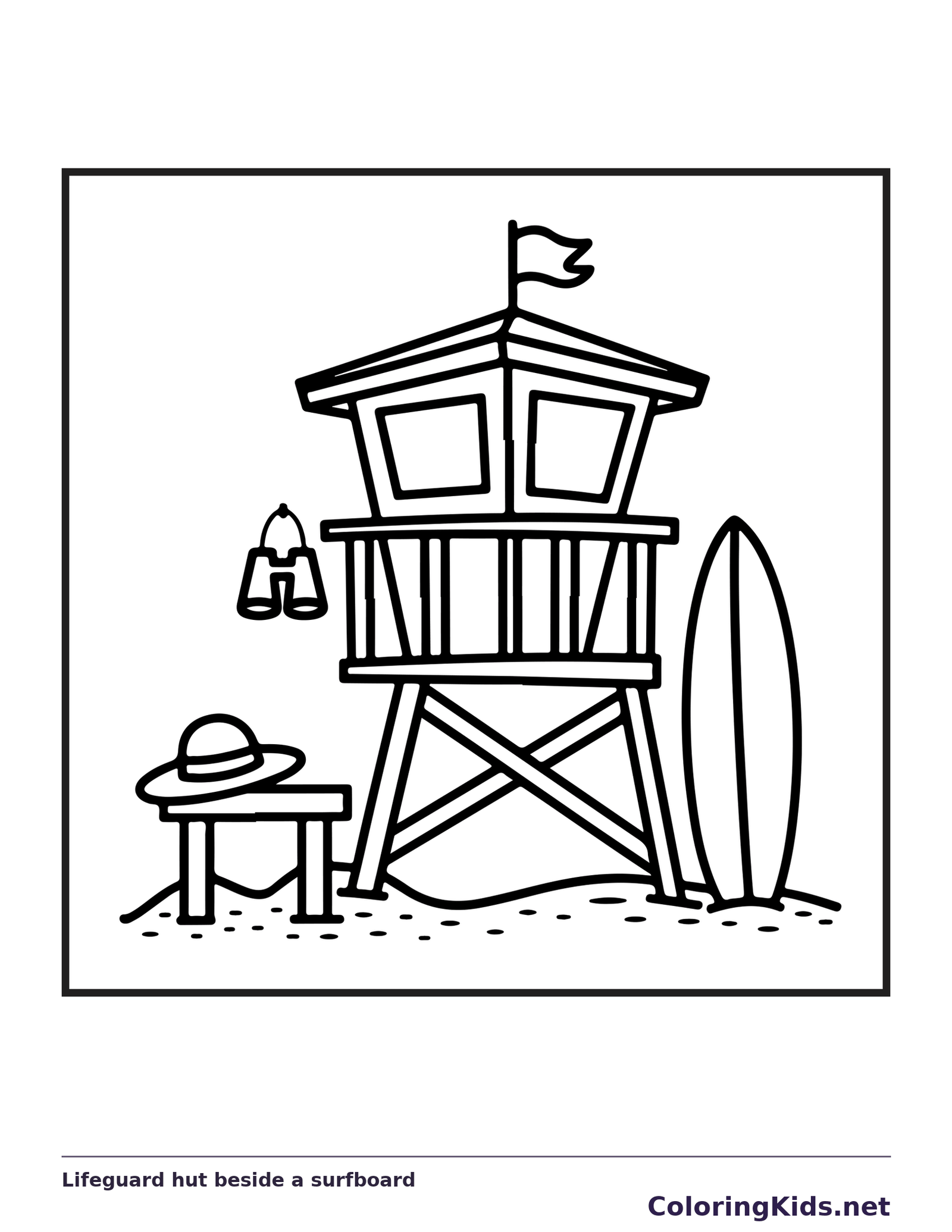 Black and white printable lifeguard hut beside a surfboard coloring sheet