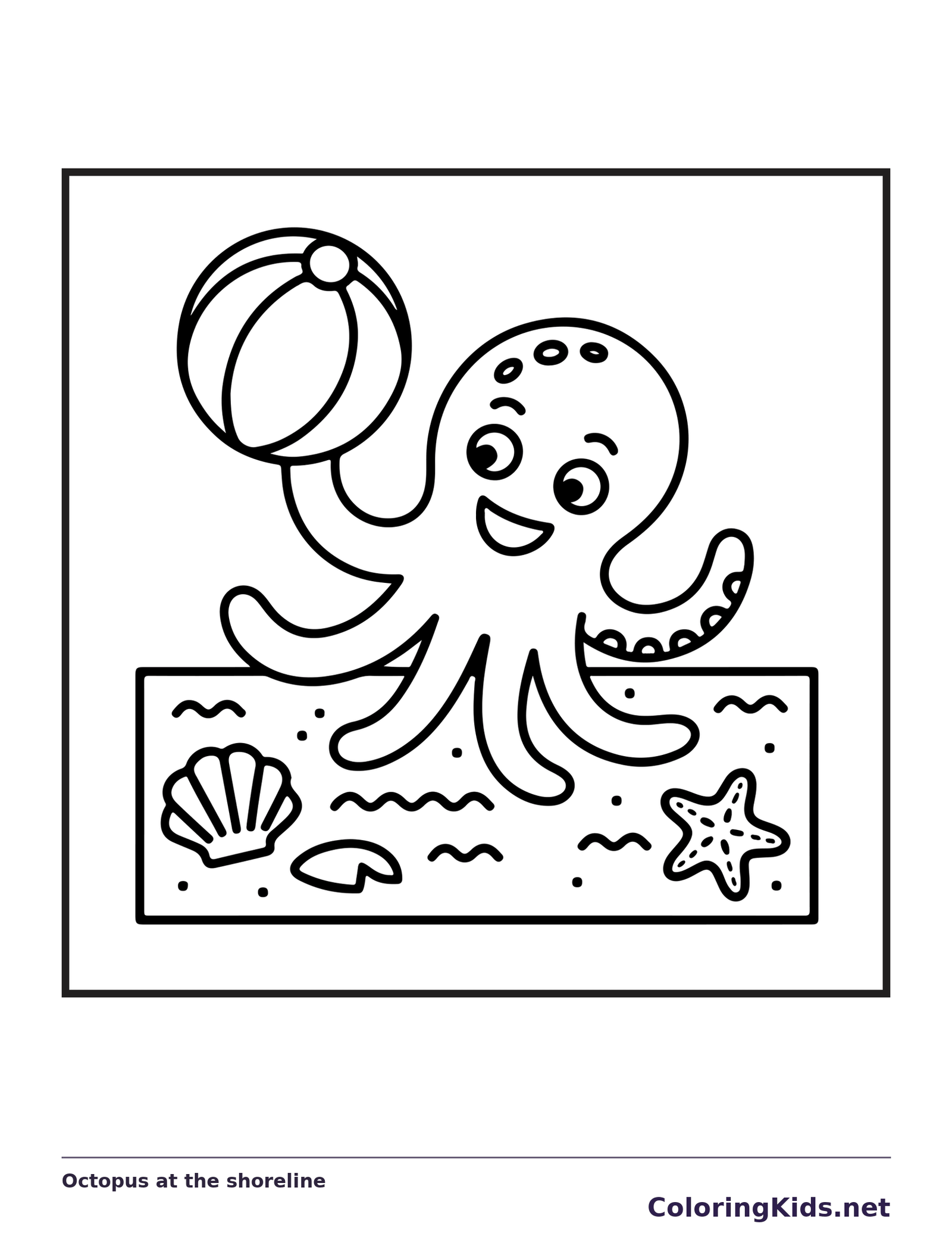 Black and white printable octopus at the shoreline coloring sheet
